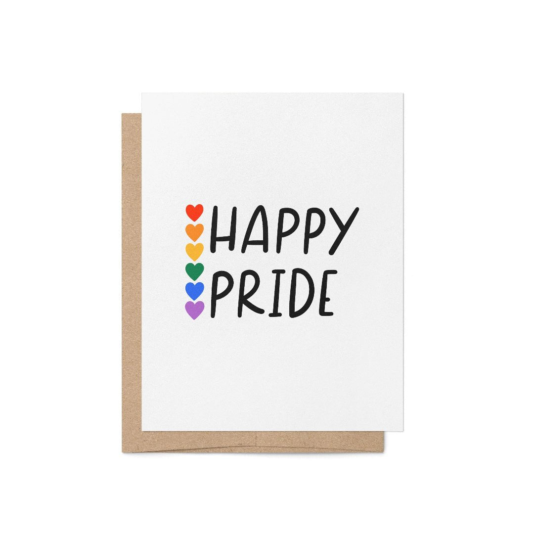 Happy Pride hearts card flat lay — minimalist LGBTQ Pride month card by indie artist MangoIllustrated