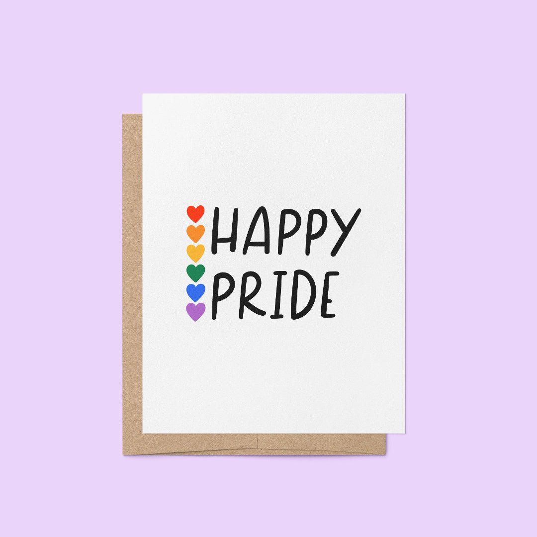 Happy Pride hearts card — minimalist Pride card with bold black lettering and six rainbow hearts, 4.25 x 5.5 in folded A2, by MangoIllustrated