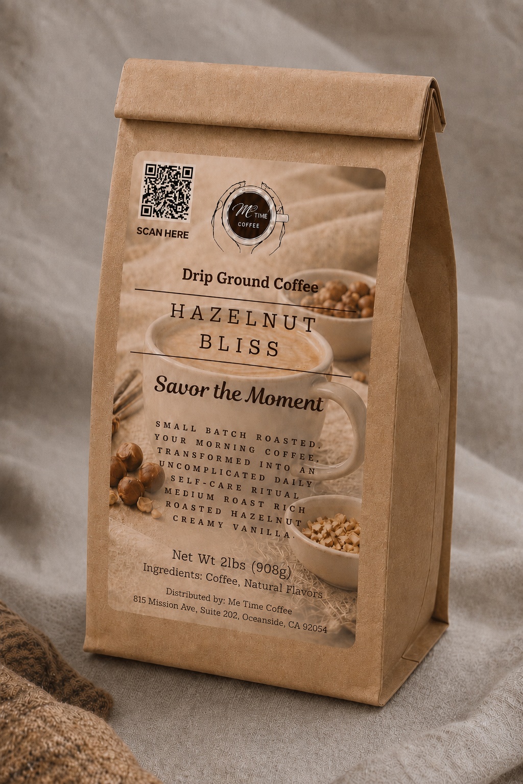 A kraft paper coffee bag labeled &