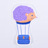 A sticker depicting a cartoon hedgehog riding a hot air balloon, with a blue and white color scheme and a purple hedgehog head.