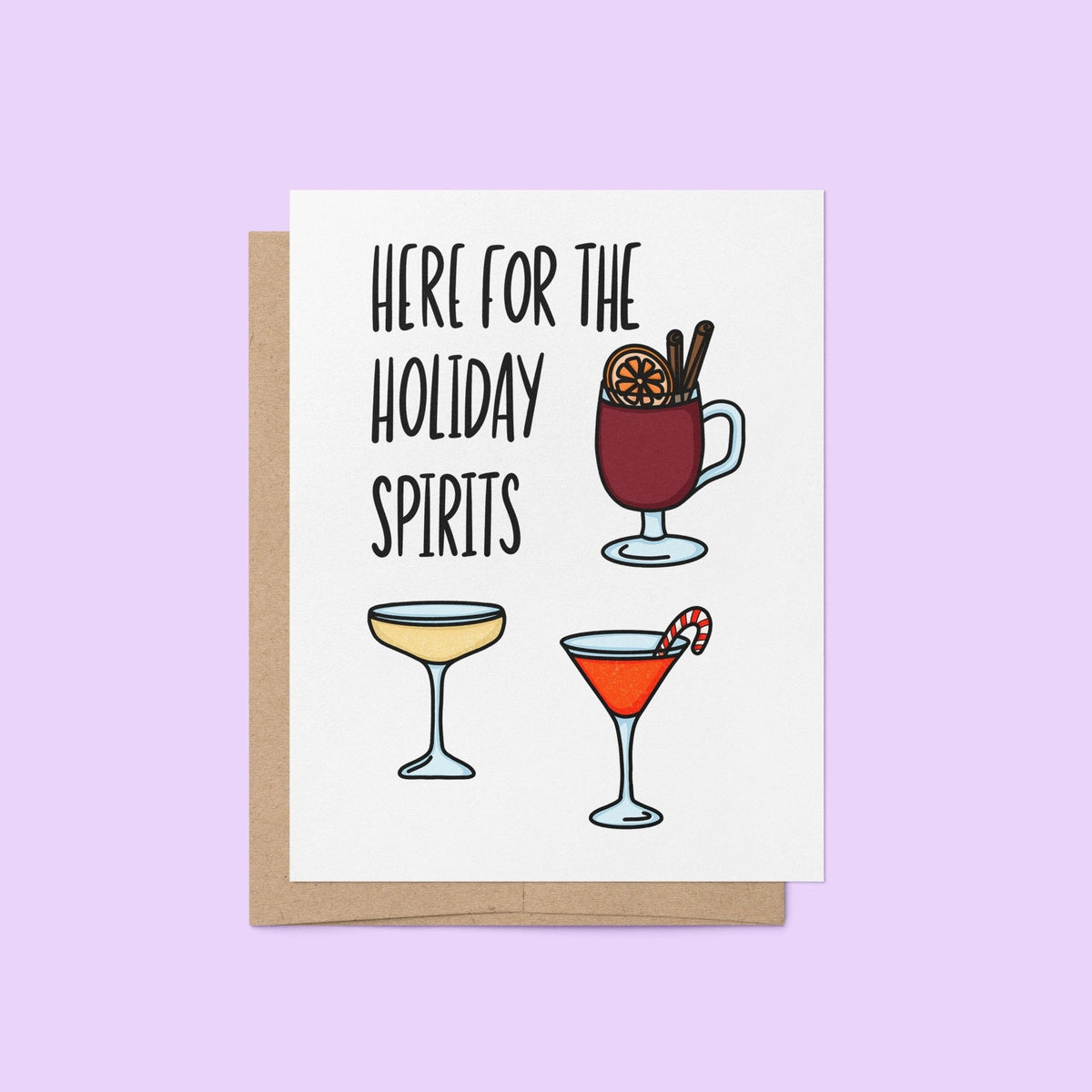Here For the Holiday Spirits card detail — close up of the illustrated holiday drink lineup by indie artist MangoIllustrated