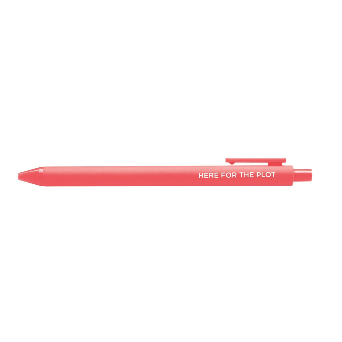 Here For the Plot pen — neon coral barrel gel pen with bold white lettering, 0.5mm fine point, by MangoIllustrated