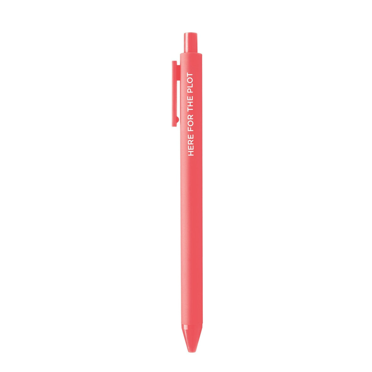 Here For the Plot pen flat lay — coral bookish gel pen with black ink by indie artist MangoIllustrated