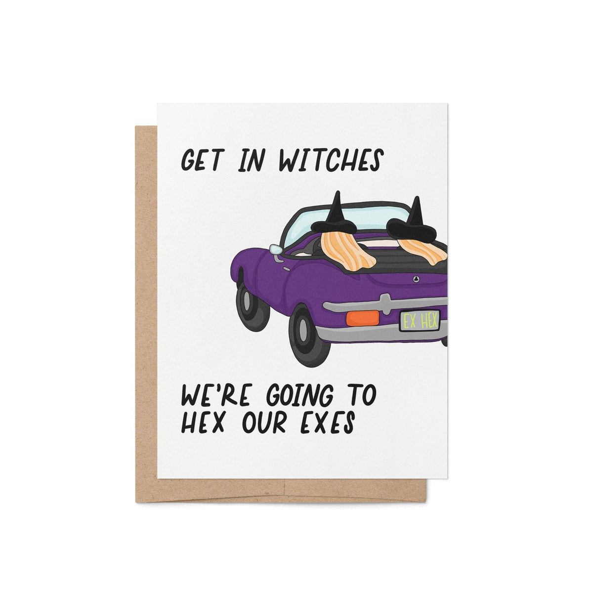 Hex Our Exes Halloween Card flat lay — funny witchy Halloween card for besties by indie artist MangoIllustrated