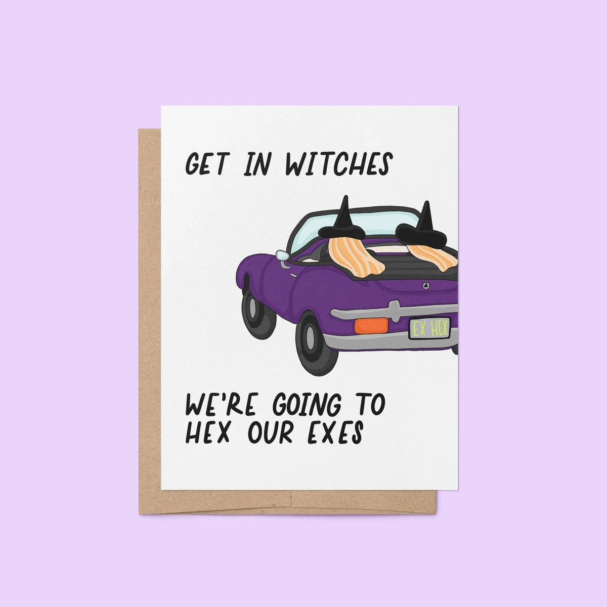 Hex Our Exes Halloween Card — Halloween card illustrated with two witches driving off to go hexing, 4.25 x 5.5 in folded A2, by MangoIllustrated