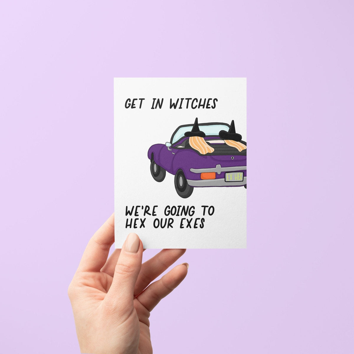 Hex Our Exes Halloween Card with A2 kraft envelope — two witches illustration by indie artist MangoIllustrated