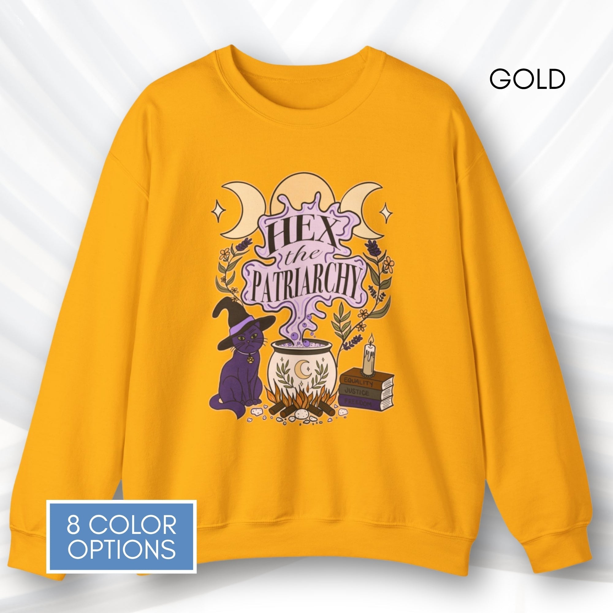 hex-the-patriarchy-witchy-feminist-sweatshirt-halloween-activism-crewneck-sweater-hand-drawn-art-gold