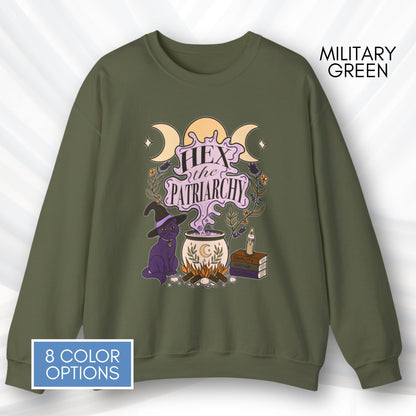 hex-the-patriarchy-witchy-feminist-sweatshirt-halloween-activism-crewneck-sweater-hand-drawn-art-military-green