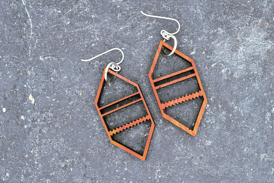 Hexagonal earrings in Chakte Kok red heart wood, geometric six-sided design by PRWMade