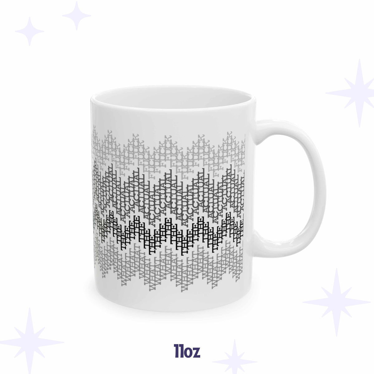 White ceramic coffee mug with subtle gray gradient fair isle pattern made from hidden swear words, What the Actual F*ck, 11 oz