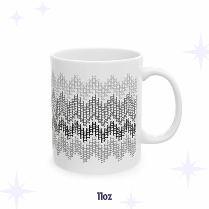 White ceramic coffee mug with subtle gray gradient fair isle pattern made from hidden swear words, What the Actual F*ck, 11 oz