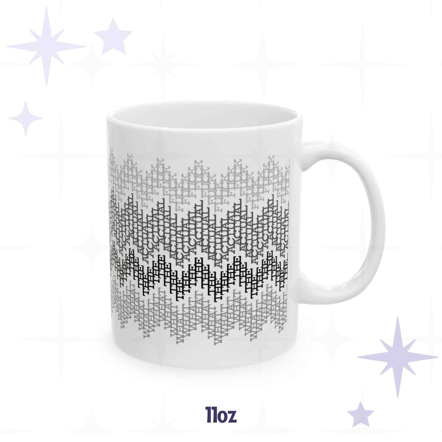 White ceramic 11oz coffee mug with monochrome gray fair isle zigzag pattern hiding the repeating phrase what the actual fuck in cross-stitch typography
