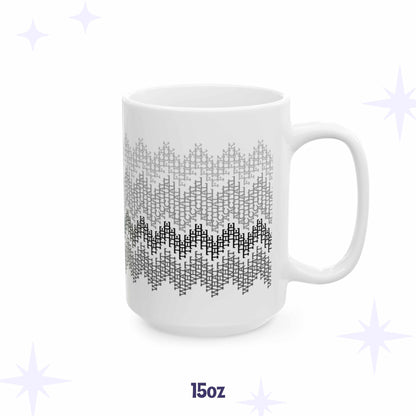 White ceramic coffee mug with subtle gray gradient fair isle pattern made from hidden swear words, What the Actual F*ck, 15 oz