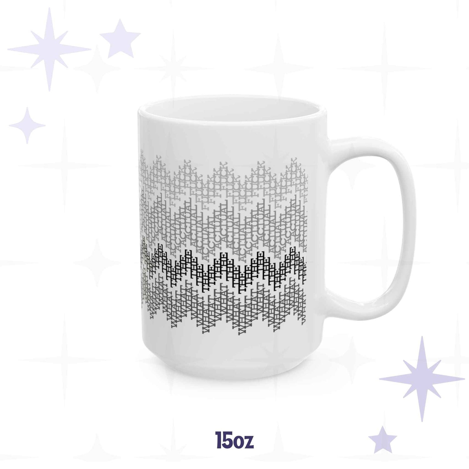 White ceramic 15oz coffee mug with gray to charcoal fair isle zigzag pattern made from hidden profanity in cross-stitch lettering
