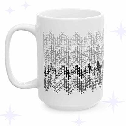 White ceramic coffee mug with subtle gray gradient fair isle pattern made from hidden swear words, What the Actual F*ck