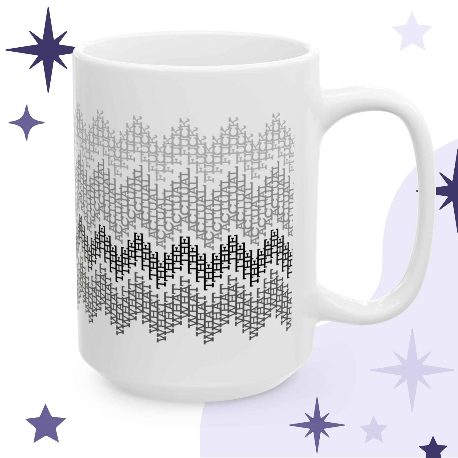 White ceramic coffee mug with subtle gray gradient fair isle pattern made from hidden swear words, shown at an angle
