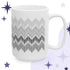 White ceramic coffee mug with subtle gray gradient fair isle pattern made from hidden swear words, shown at an angle
