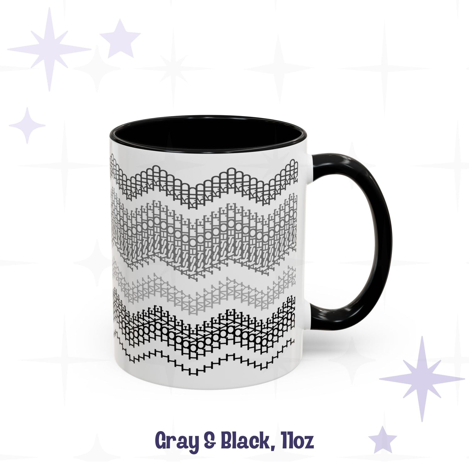 Front view of the Gray and Black 11oz hidden message mug with black handle and interior, showing the four-band chevron embroidery pattern, labeled &