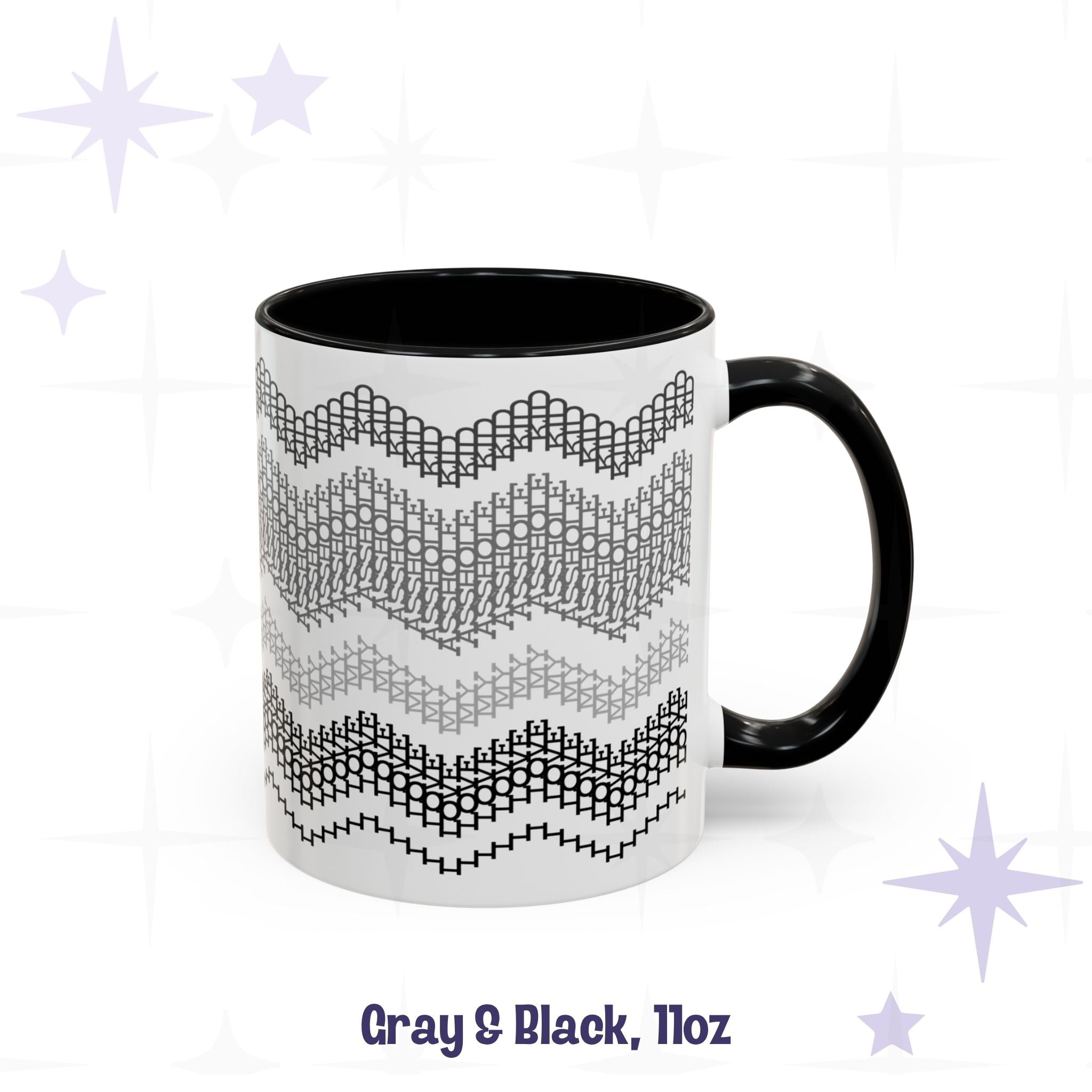 Front view of the Gray and Black 11oz hidden message mug with black handle and interior, showing the four-band chevron embroidery pattern, labeled &