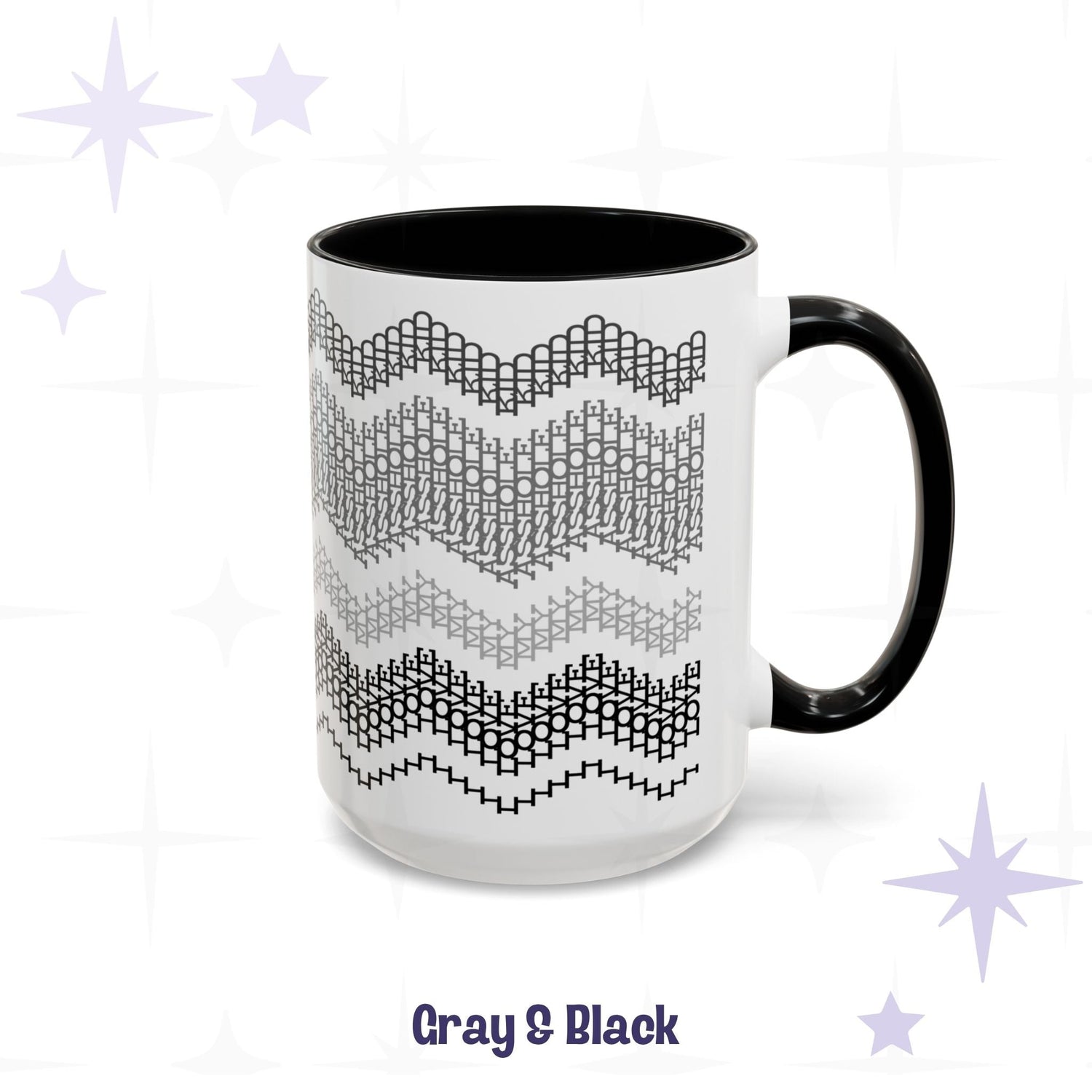 Gray and Black 15oz hidden message mug on a white background, showing the full wrap-around embroidery-style chevron pattern with black handle and black interior