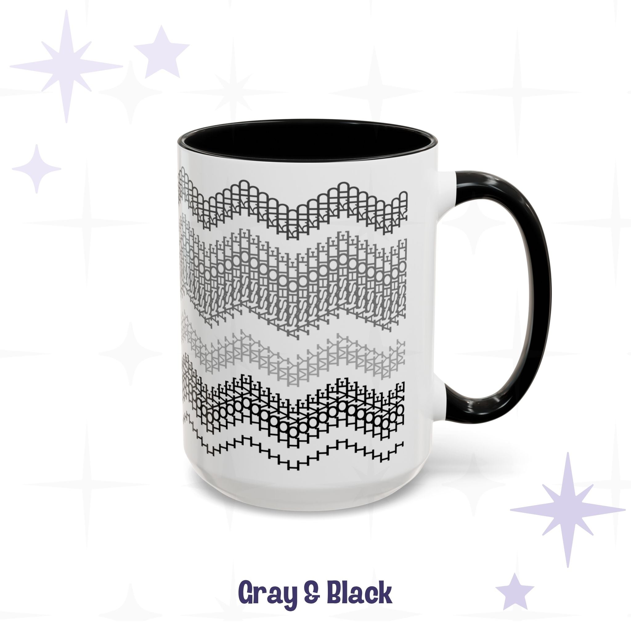 Gray and Black 15oz hidden message mug on a white background, showing the full wrap-around embroidery-style chevron pattern with black handle and black interior