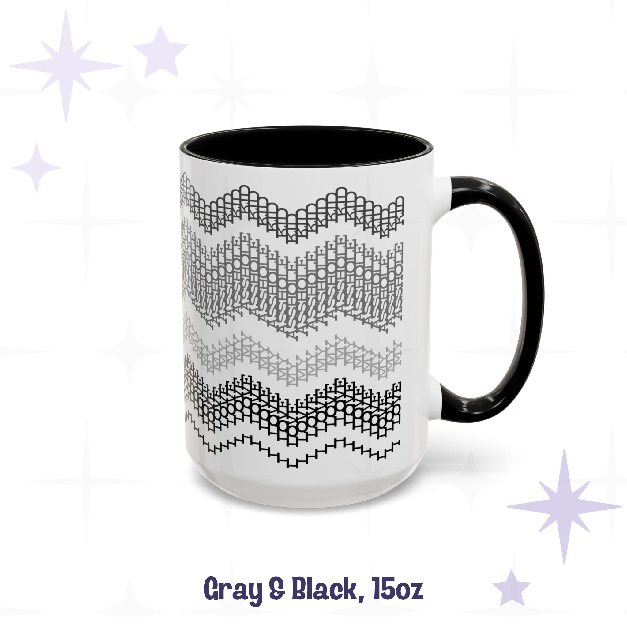 Side view of the Gray and Black 15oz hidden message mug showing the full-wrap chevron pattern in four shades from charcoal to black, labeled &
