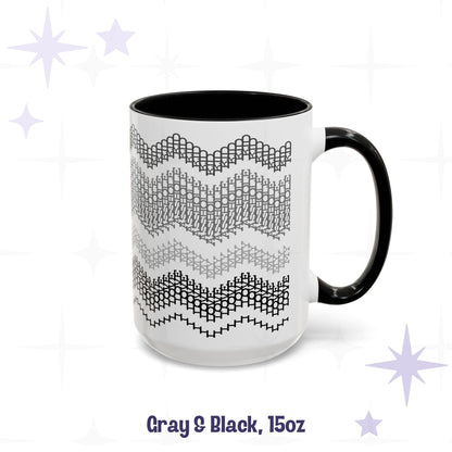 Side view of the Gray and Black 15oz hidden message mug showing the full-wrap chevron pattern in four shades from charcoal to black, labeled &