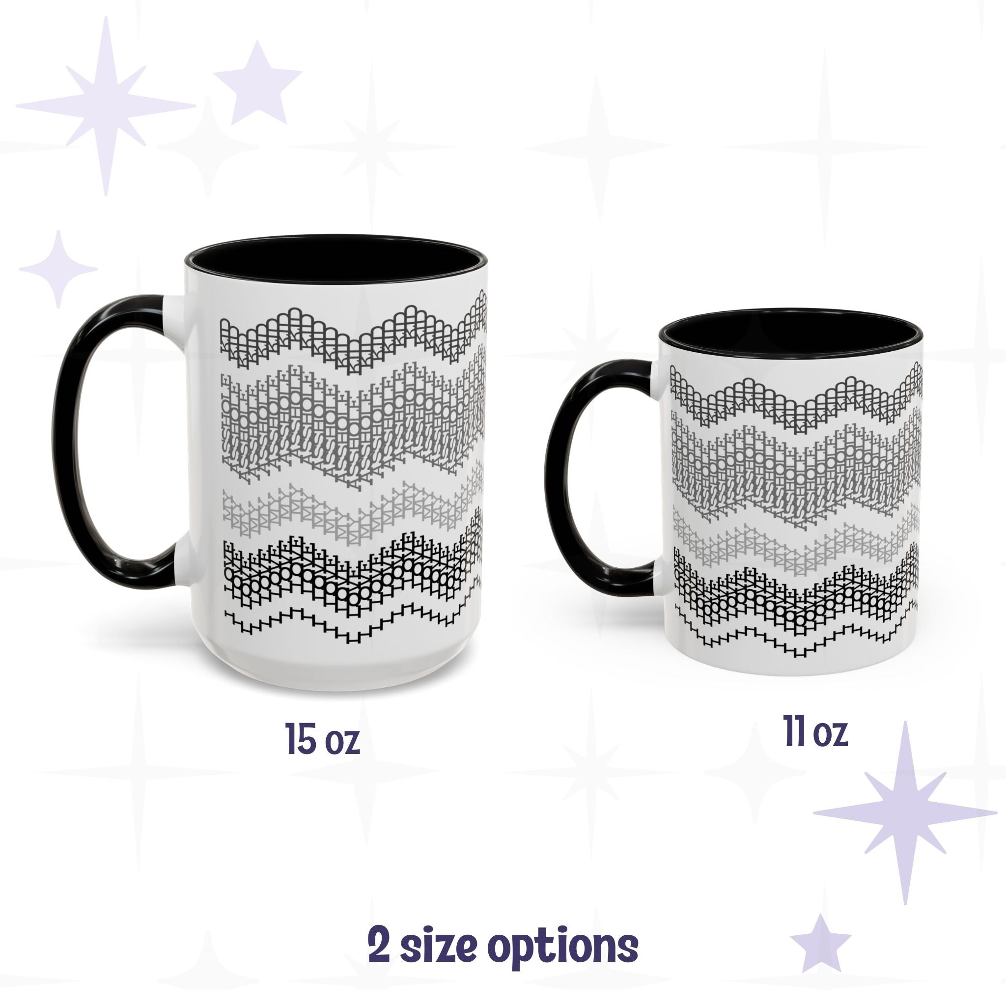 Side-by-side size comparison of the Gray and Black hidden message mug in 15oz and 11oz, both showing the full chevron pattern with black handles, labeled &