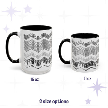 Side-by-side size comparison of the Gray and Black hidden message mug in 15oz and 11oz, both showing the full chevron pattern with black handles, labeled &