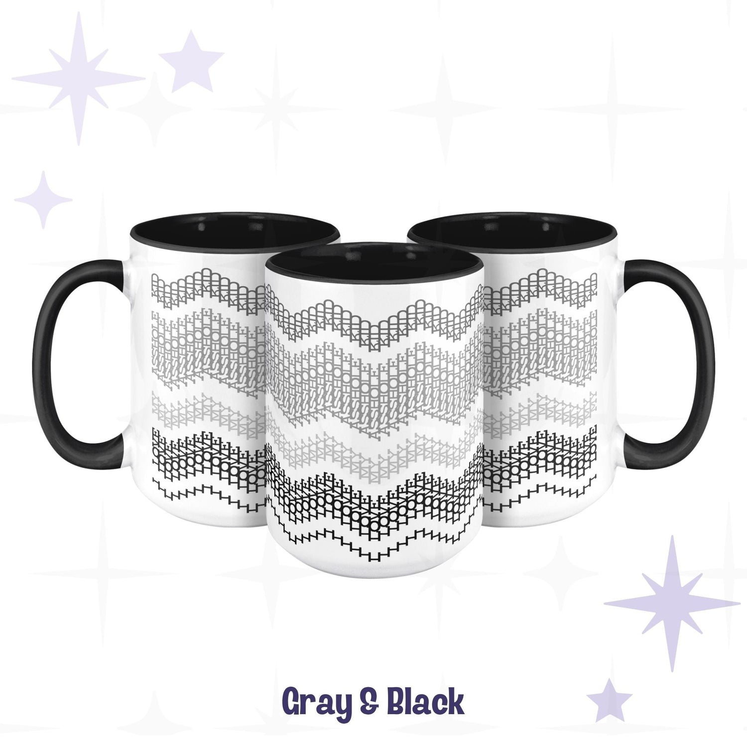 Three Gray and Black hidden message mugs arranged in a cluster, showing different angles of the fair isle chevron pattern with black handles and interiors