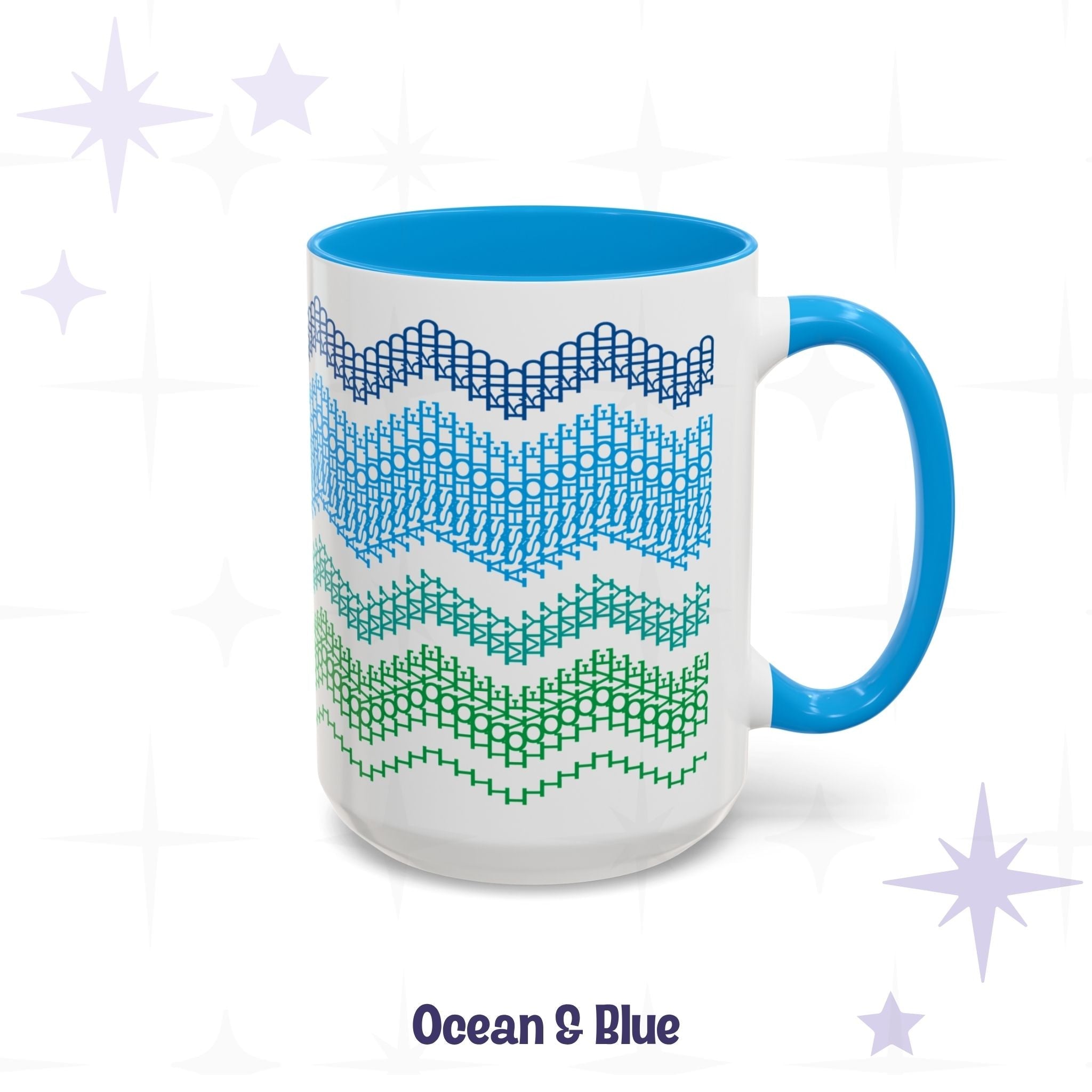 Ocean and Blue 15oz hidden message mug showing the four-band chevron pattern in navy, sky blue, teal, and green with blue handle and blue interior