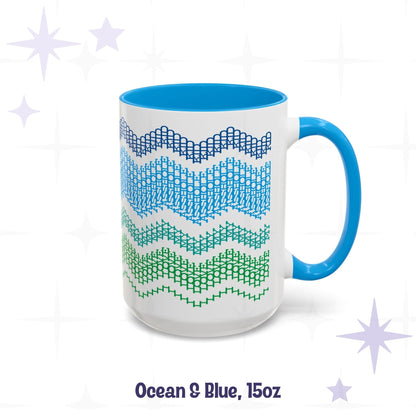 Side view of the Ocean and Blue 15oz hidden message mug showing the full-wrap chevron gradient from navy to green with blue handle, labeled &