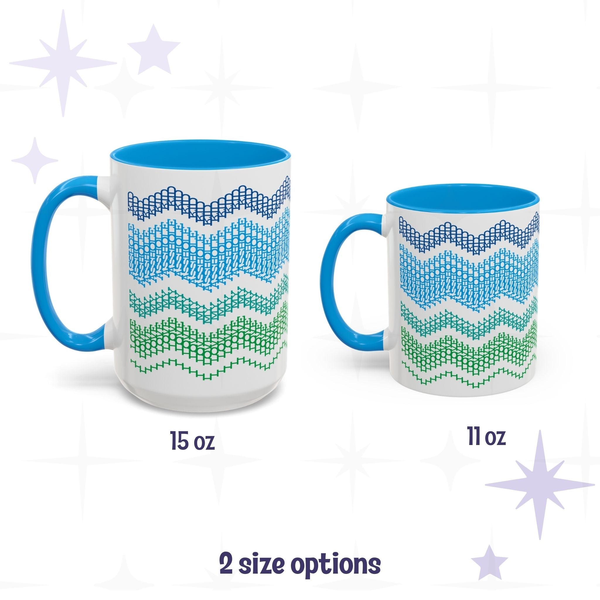 Side-by-side size comparison of the Ocean and Blue hidden message mug in 15oz and 11oz sizes with blue handles, labeled &
