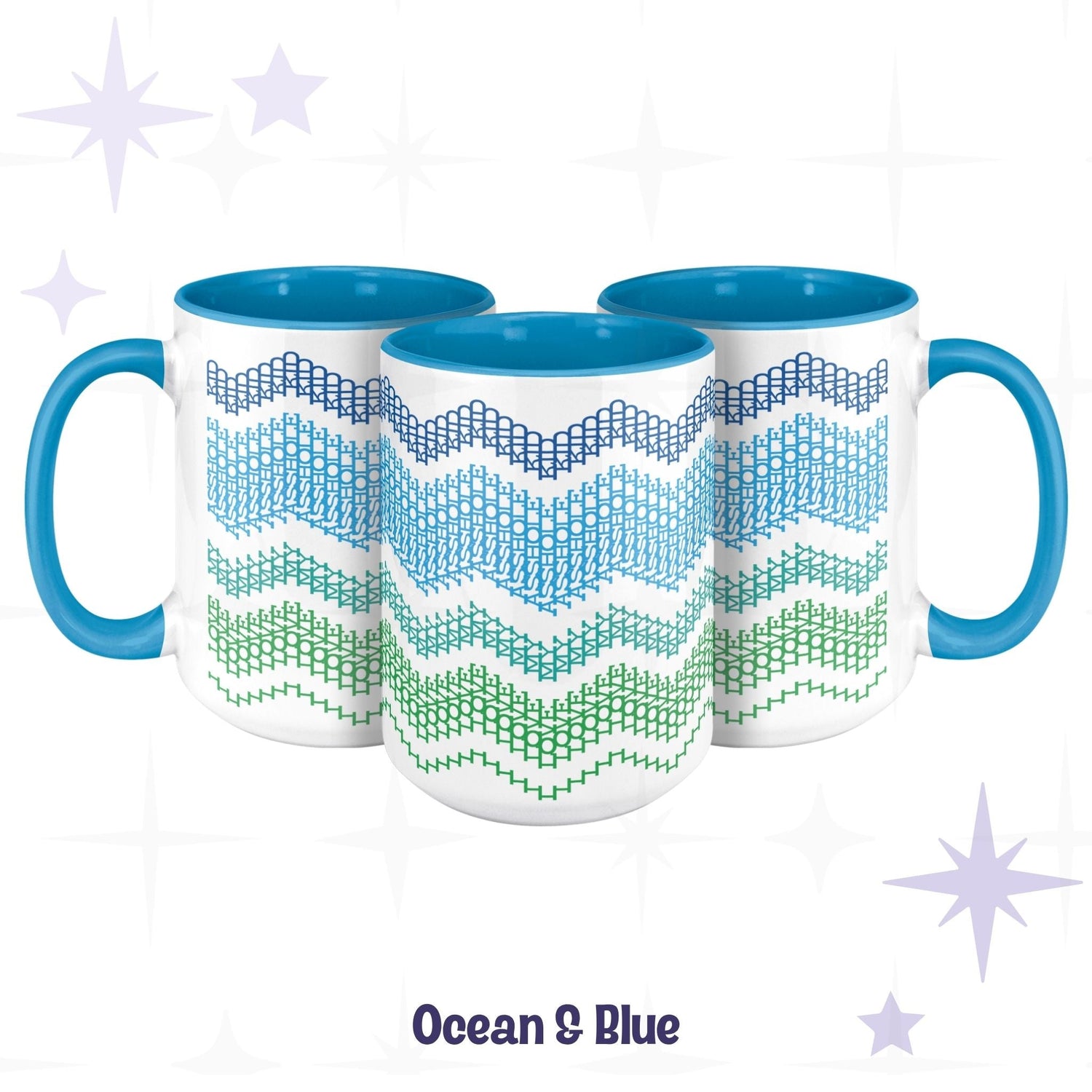 Three Ocean and Blue hidden message mugs from different angles, with the hidden text &