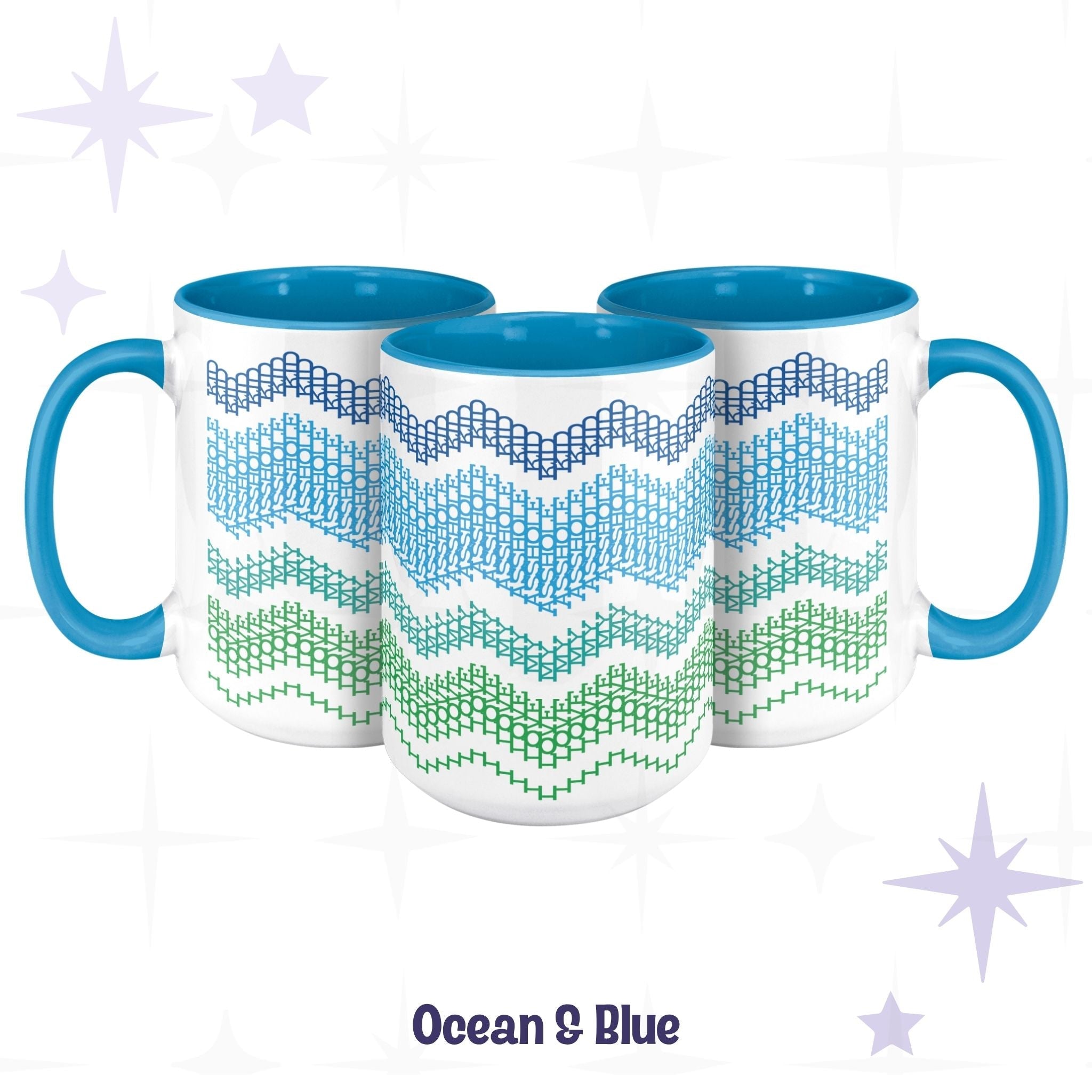 Three Ocean and Blue hidden message mugs from different angles, with the hidden text &