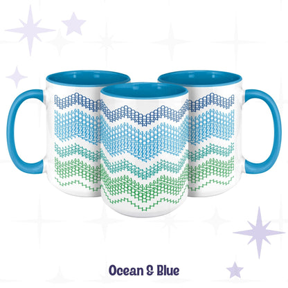 Three Ocean and Blue hidden message mugs from different angles, with the hidden text &