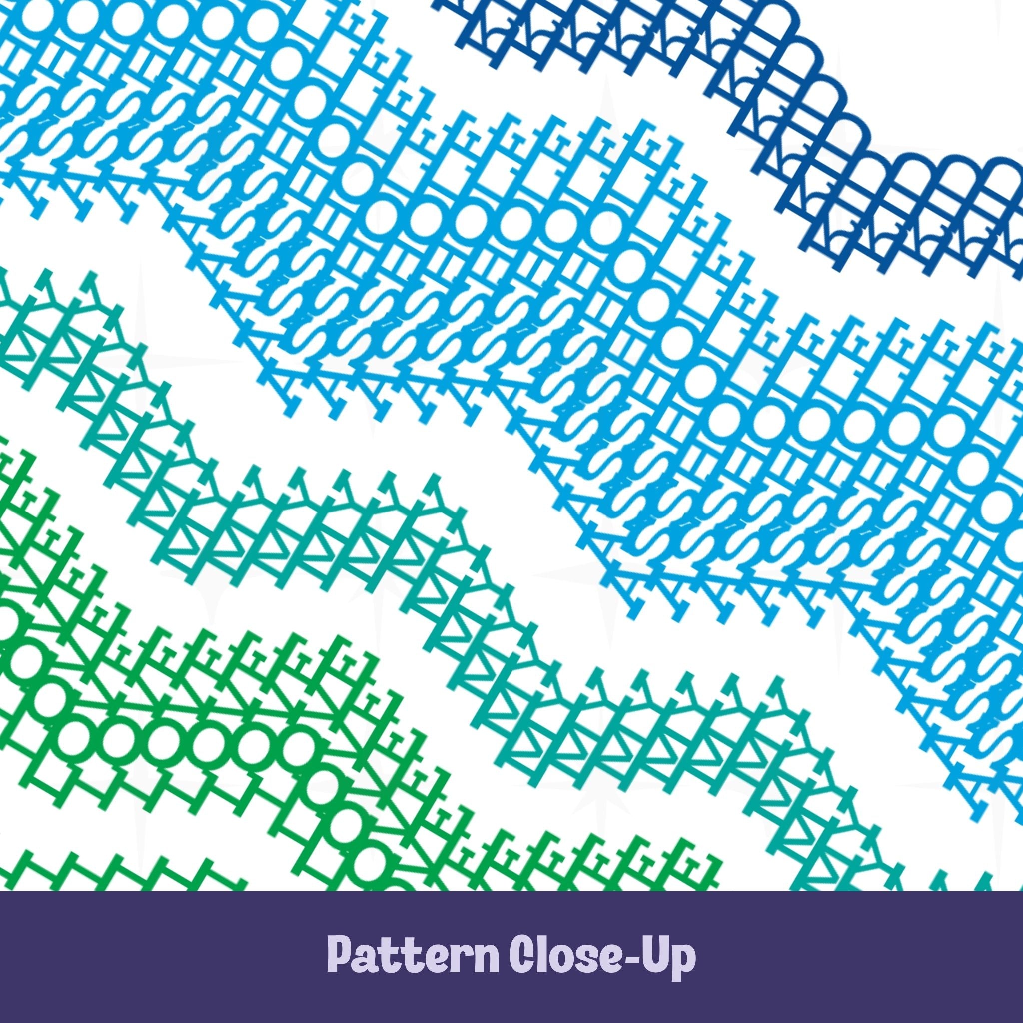 Close-up of the Ocean Blue colorway pattern showing four chevron bands in navy, sky blue, teal, and green, with typographic letterforms spelling the hidden message woven into the design