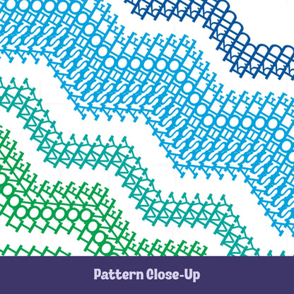 Close-up of the Ocean Blue colorway pattern showing four chevron bands in navy, sky blue, teal, and green, with typographic letterforms spelling the hidden message woven into the design