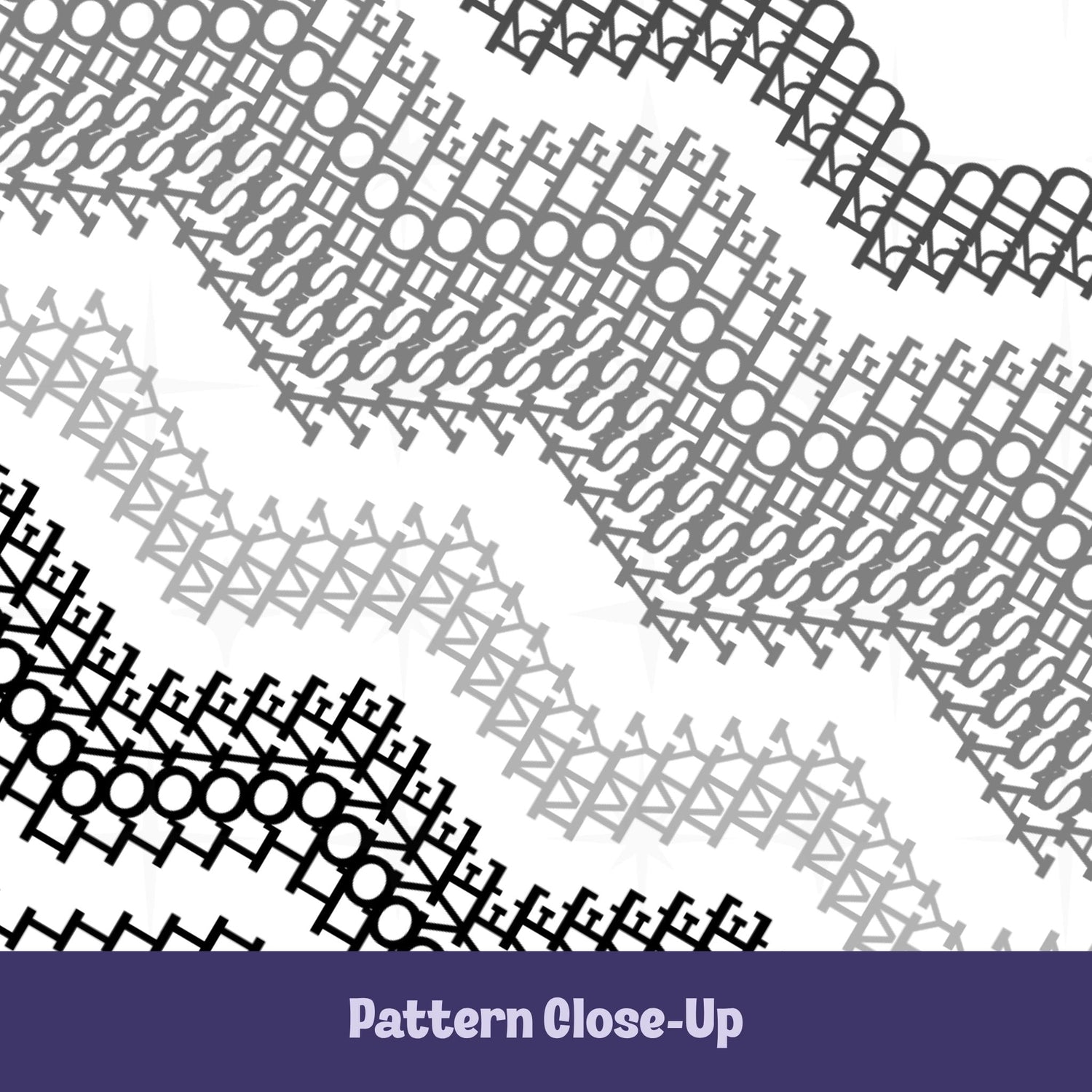 Close-up of the Gray Black colorway pattern showing four chevron bands in charcoal, medium gray, light gray, and black, with the same hidden message embroidery pattern