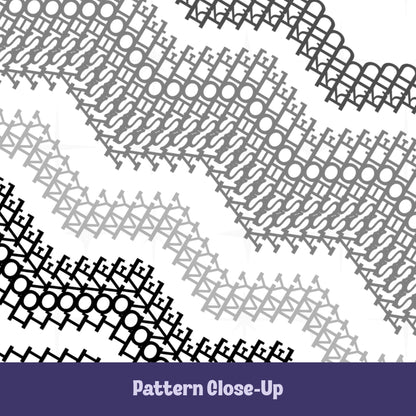 Close-up of the Gray Black colorway pattern showing four chevron bands in charcoal, medium gray, light gray, and black, with the same hidden message embroidery pattern