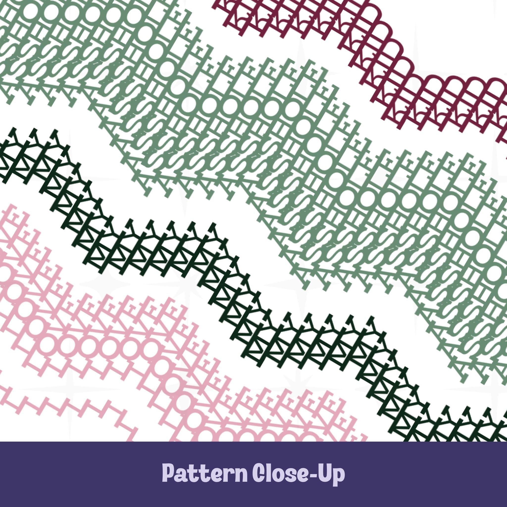 Close-up of the Preppy Pink colorway pattern showing chevron bands in deep burgundy, sage green, forest green, and blush pink with hidden typographic stitching throughout