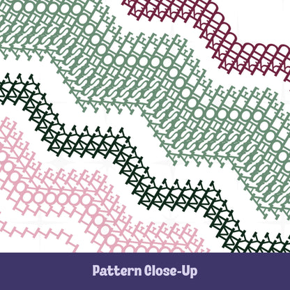 Close-up of the Preppy Pink colorway pattern showing chevron bands in deep burgundy, sage green, forest green, and blush pink with hidden typographic stitching throughout