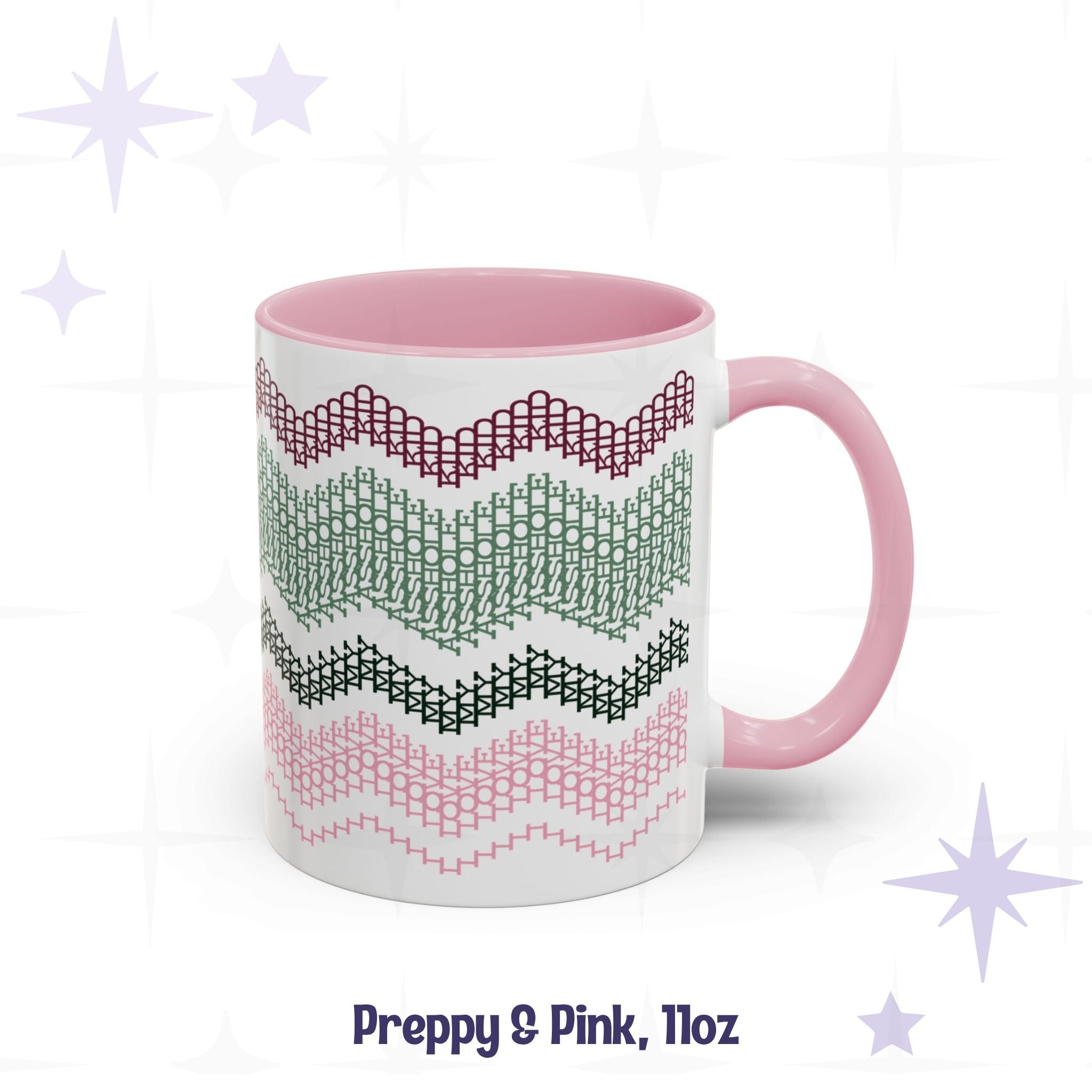 Front view of the Preppy and Pink 11oz hidden message mug with pink handle and interior showing the four-band chevron embroidery pattern, labeled &