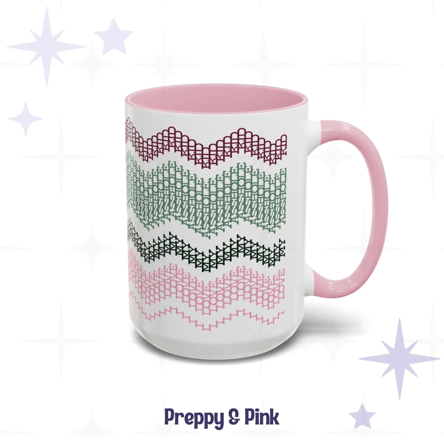 Preppy and Pink 15oz hidden message mug on a white background, showing the four-band chevron pattern in burgundy, sage, forest green, and blush pink with pink handle and pink interior