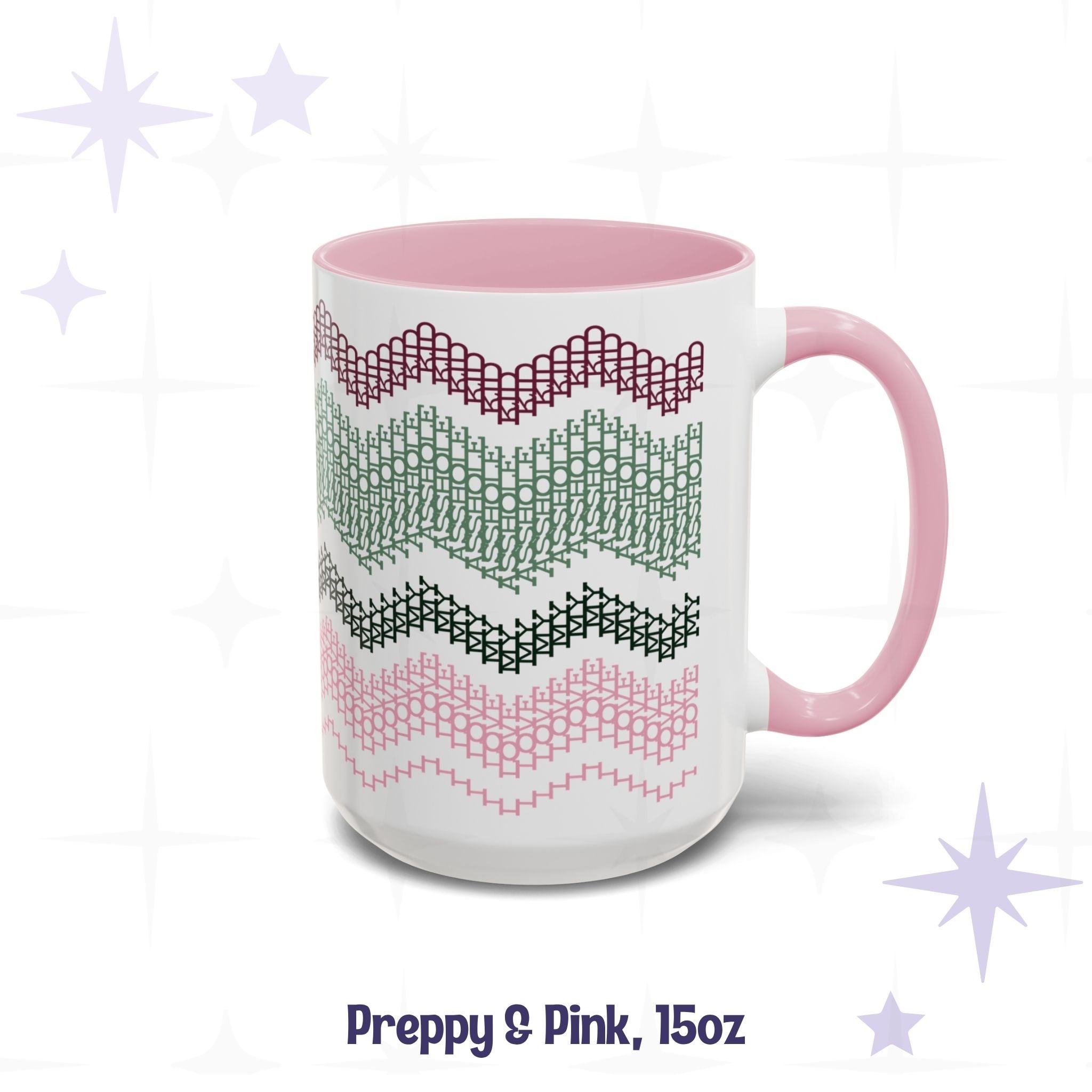 Side view of the Preppy and Pink 15oz hidden message mug showing the full-wrap pattern in deep burgundy, sage, forest green, and pink, labeled &