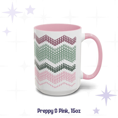 Side view of the Preppy and Pink 15oz hidden message mug showing the full-wrap pattern in deep burgundy, sage, forest green, and pink, labeled &