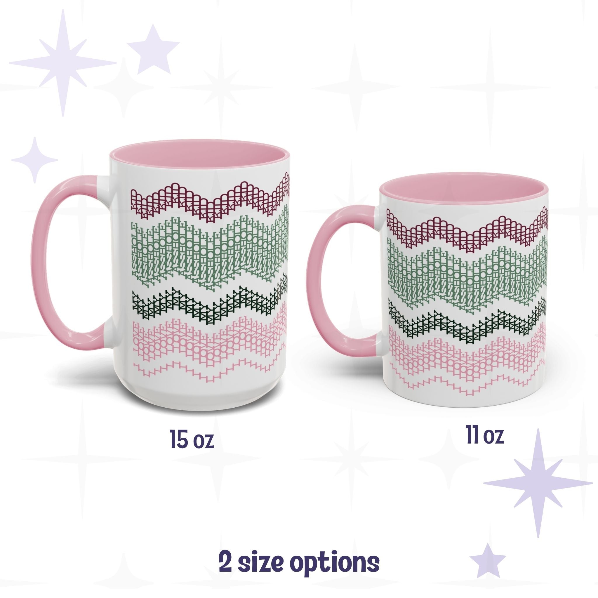 Side-by-side size comparison of the Preppy and Pink hidden message mug in 15oz and 11oz sizes, labeled &