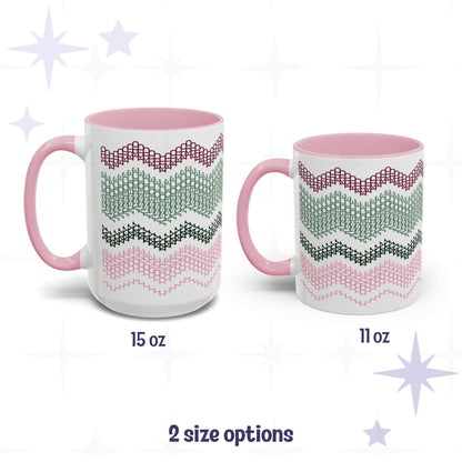 Side-by-side size comparison of the Preppy and Pink hidden message mug in 15oz and 11oz sizes, labeled &