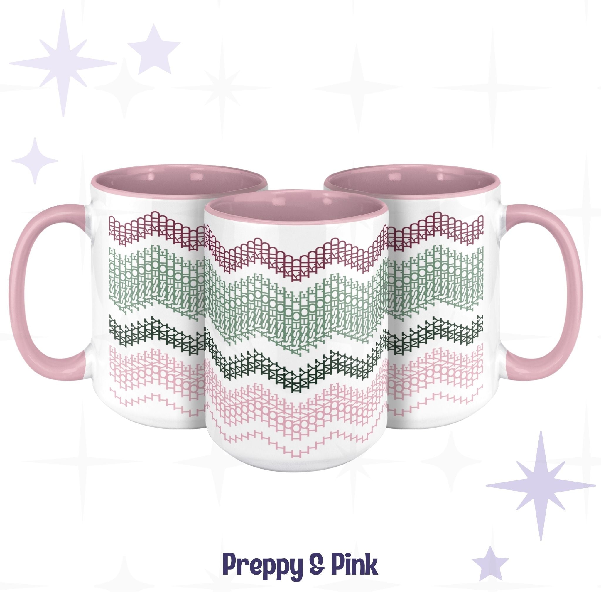 Three Preppy and Pink hidden message mugs arranged in a cluster showing the four-color chevron pattern from multiple angles, with pink handles and pink interiors