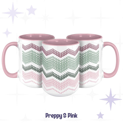 Three Preppy and Pink hidden message mugs arranged in a cluster showing the four-color chevron pattern from multiple angles, with pink handles and pink interiors
